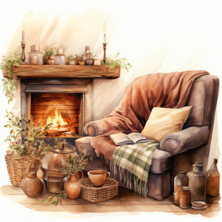 Cozy living room with fireplace and armchair.の素材