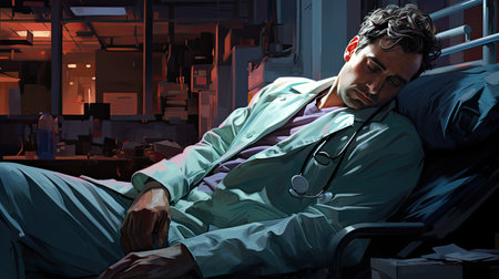 Portrait of a sick man with a stethoscope in a hospital.の素材