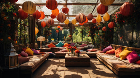 Colorful cushions on the terrace of a coffee shop.の素材