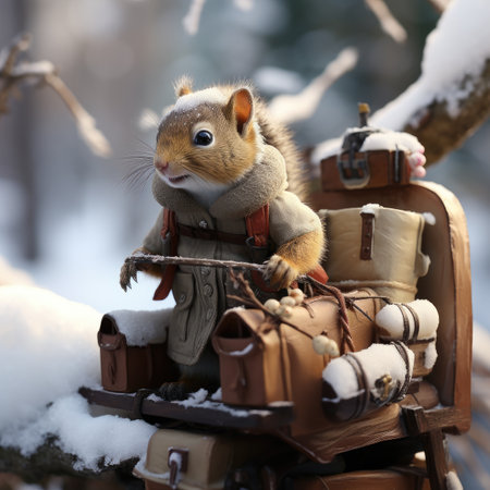 Squirrel sitting on a wooden sled in the forest in winter.の素材