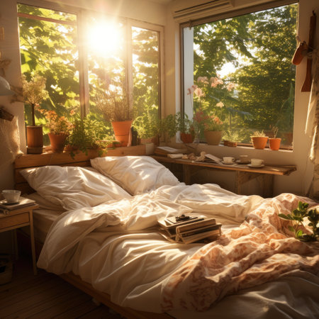 Morning in the bed with book and cup of coffee on the windowsillの素材