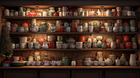 Coffee cup on a shelf in a coffee shopの素材