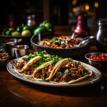 Traditional mexican tacos with beef and cilantro on wooden tableの素材