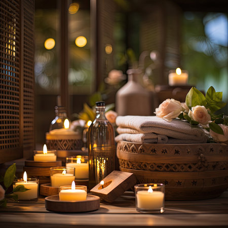 Spa still life with candles, towels and flowers on wooden backgroundの素材