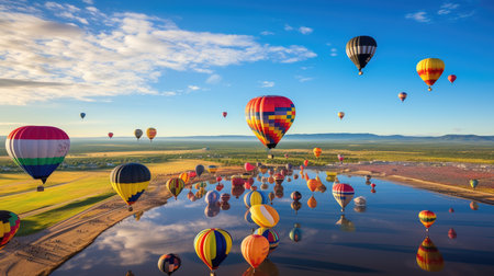 Hot air balloons fly over the fieldsの素材