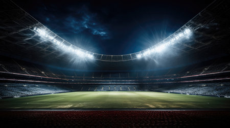 Soccer stadium at night with lights and bright flashesの素材