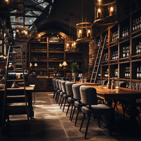 Luxury restaurant interior with wooden tables, chairs and wine bottles.の素材