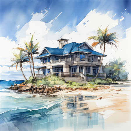 Watercolor Tropical house on the beach.の素材
