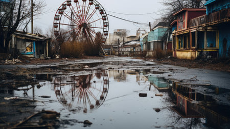 Abandoned city with Ferris wheel in the middle of the roadの素材