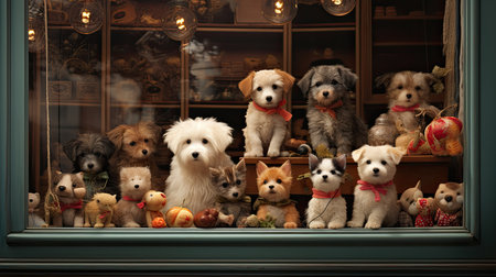 Cute dogs in a shop window. Puppy shop window.の素材