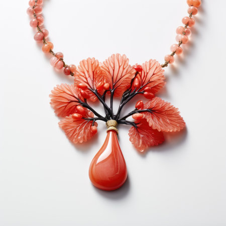 Necklace made of coral beads on white background, top viewの素材