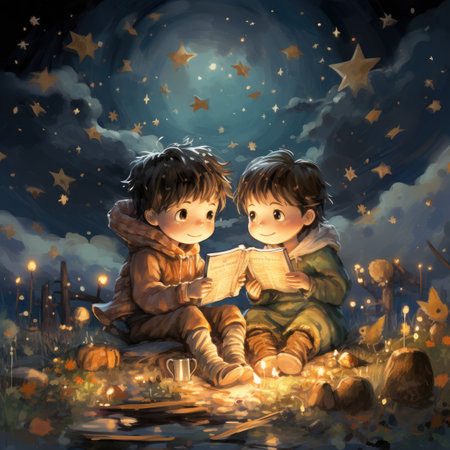 Two boys read a book at night in the forest.の素材