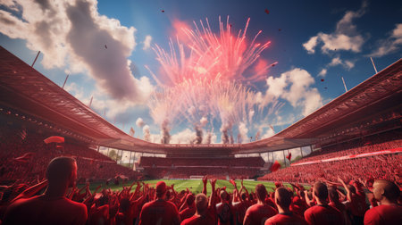 Composite image of cheering fans against fireworks exploding over football stadiumの素材