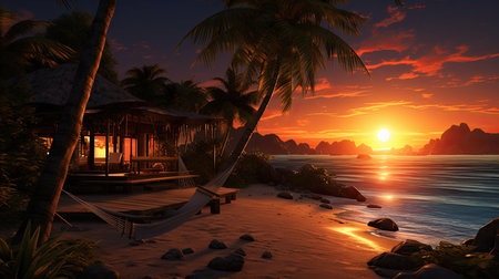 Beautiful sunset on the beach with hammock and bungalowsの素材