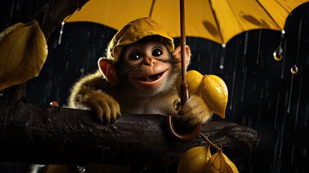 Cute monkey in raincoat and yellow umbrella on dark background.の素材