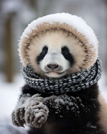 A giant panda in a scarf and hat on a snowy winter dayの素材