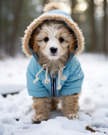 Cute puppy in winter jacket and hat standing in snowy forest.の素材