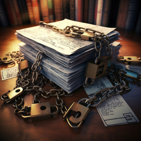 Pile of old documents with chain and padlock on wooden tableの素材