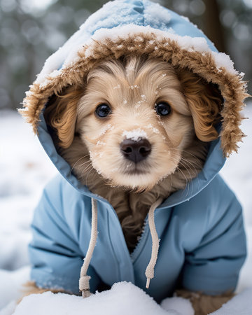 Cute golden retriever puppy in winter coat. Winter portrait.の素材