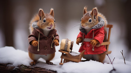 Two squirrels in winter clothes with a sleigh in the forestの素材