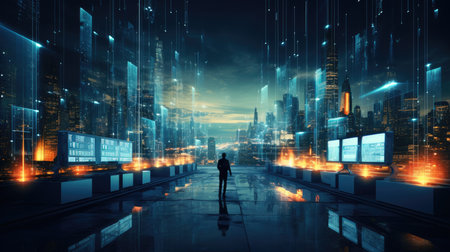 Businesswoman standing on the road with digital city background.の素材