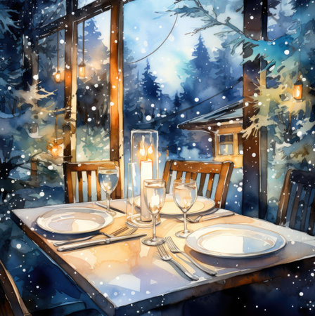 Winter restaurant interior. Winter landscape. Christmas and New Year illustration.の素材