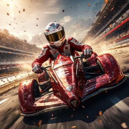 Racing car with rider on the track at sunset.の素材