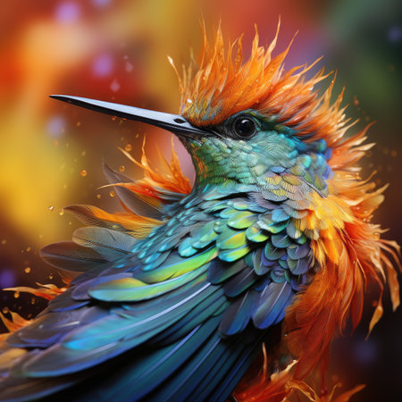 Colourful bird with colorful feathers on a colorful background.の素材