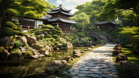 Japanese garden with a pond and a stone path leading to the templeの素材
