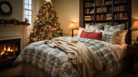 Bedroom interior with Christmas tree, fireplace and christmas decorations.の素材