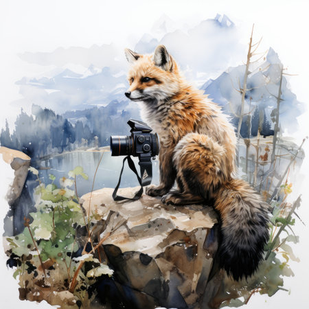 Watercolor fox with a camera sitting on a rockの素材