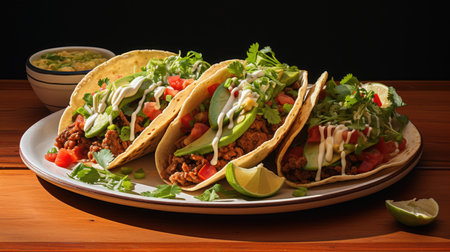 Mexican tacos with beef, guacamole and vegetables on wooden tableの素材