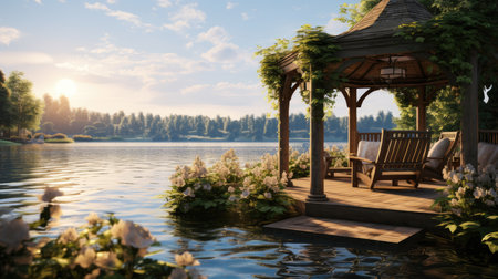 Wooden gazebo in the lake.の素材