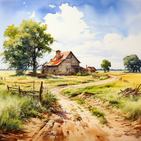 an old farmhouse in the middle of a fieldの素材
