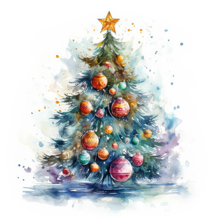 Watercolor Christmas tree with toys on a white backgroundの素材