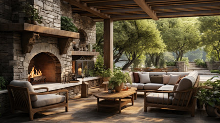 Luxury living room interior design with fireplace and wooden furniture.の素材