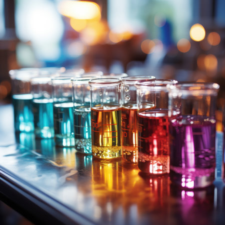 Glasses with colored liquids on a bar counter in a pub.の素材