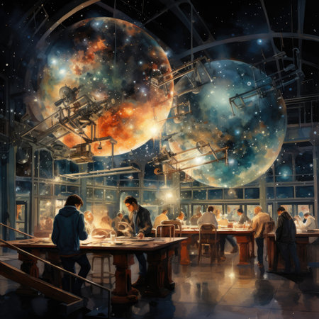 Science fiction illustration with a group of students sitting at the table and looking at the planetsの素材