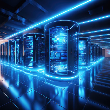 server room data center with blue light and reflections,の素材