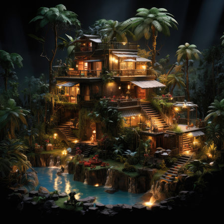 a fairy tale house in the jungle at nightの素材
