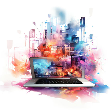 Modern laptop with colorful abstract background.の素材