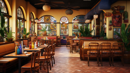 Interior of a restaurant with wooden chairs and tables,の素材