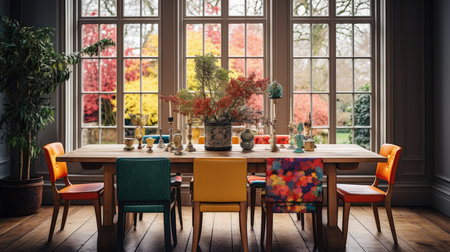 Dining room interior with colorful chairs and table with vase of flowersの素材