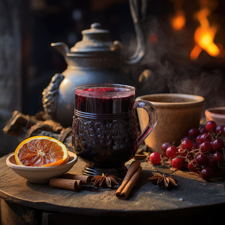 Hot mulled wine in a glass cup on a wooden background.の素材