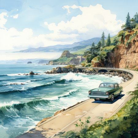 a vintage car driving along a coastal roadの素材