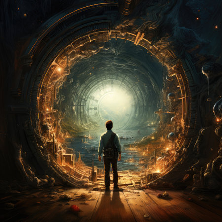Man looking at a tunnel in the dark space.の素材
