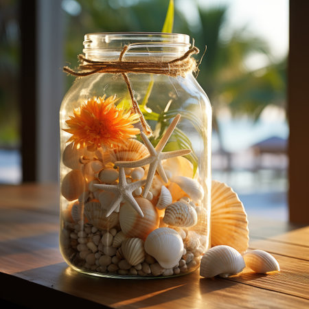 Glass jar with seashells and starfish on the wooden tableの素材