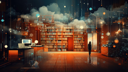 Businessman standing in modern office interior with bookshelves.の素材