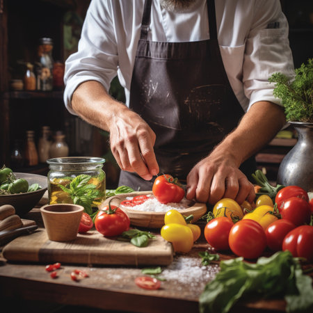Chef in apron cutting fresh vegetables on wooden board in kitchenの素材