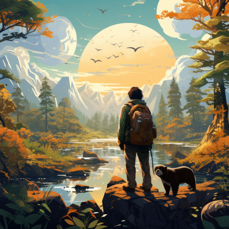 Man with a backpack and a dog on the background of the mountains.の素材